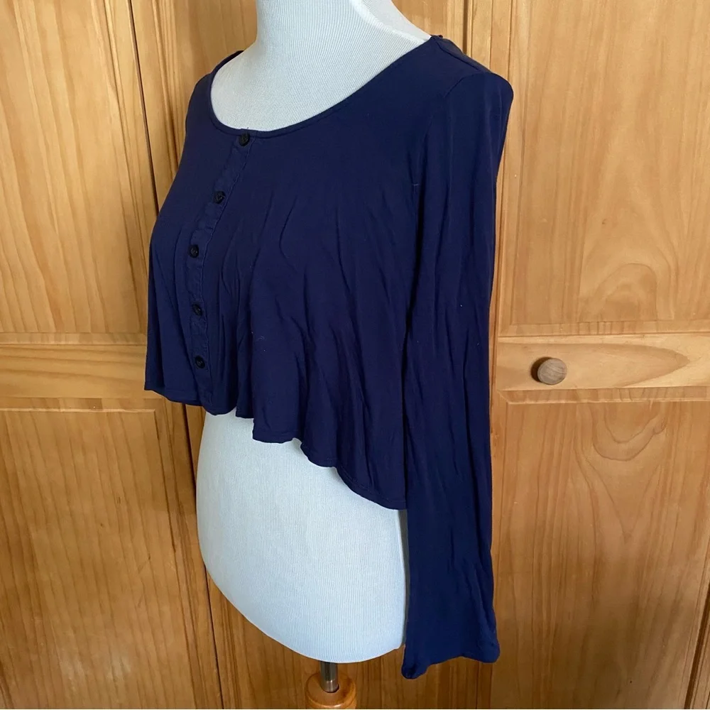 Anthropologie Navy Blue Button-Front Long-Sleeve Crop Top